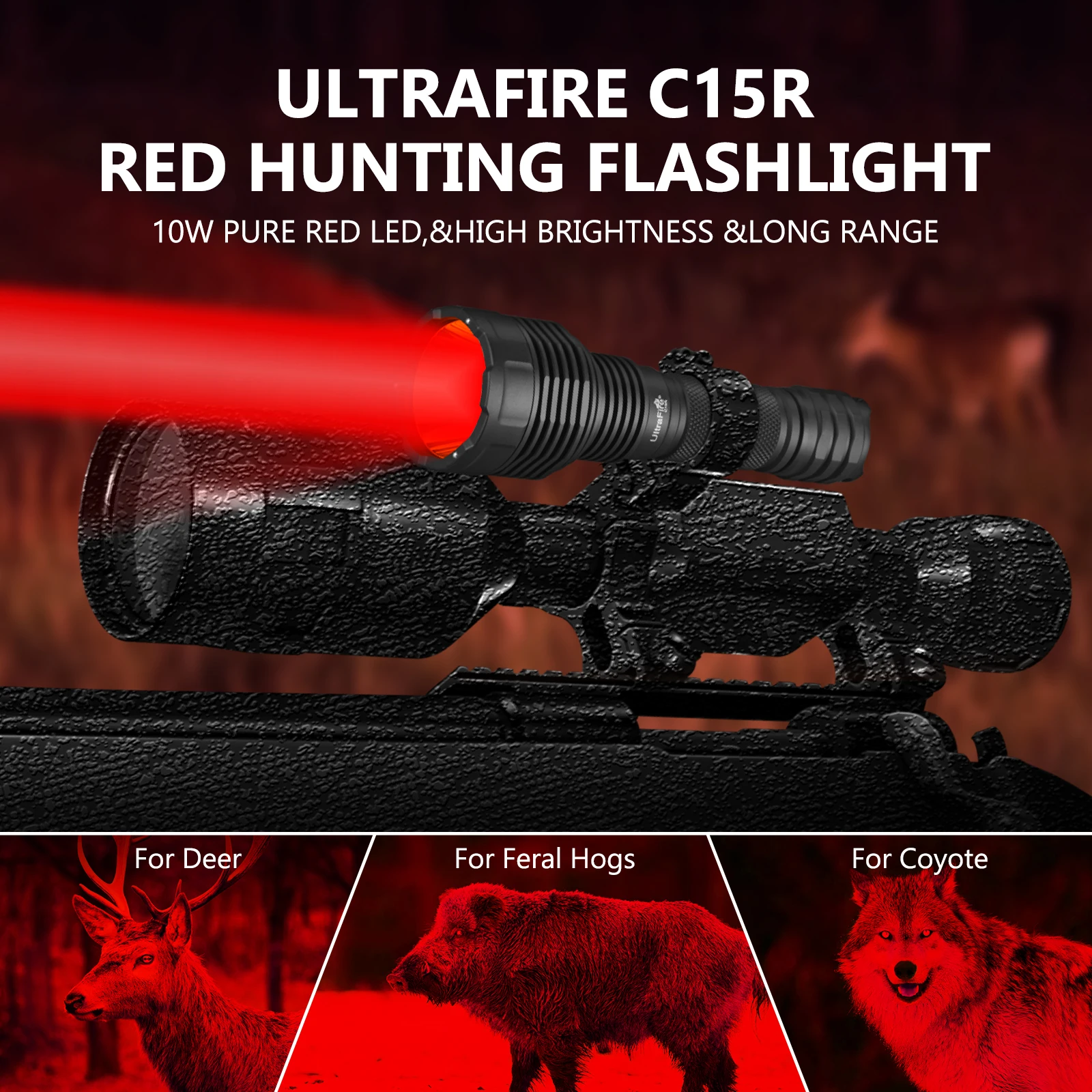 UltraFire C15R Red Light Hunting Flashlight 10W 2 Modes Coyote Light 18650 USB Type-C Rechargeable Predator Varmint Torch Lights