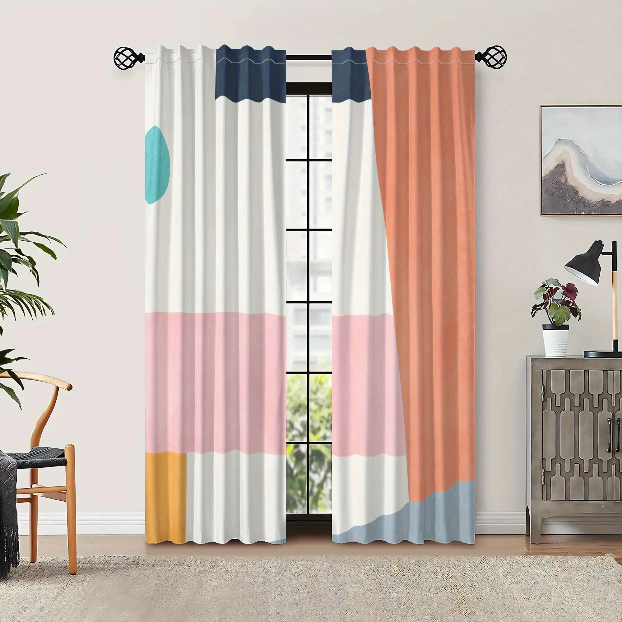 Geometric Abstract Curtains 2pcs Modern Living Room Window Panels Neutral Beige Pink Blue Stylish Home Decoration Curtain Set