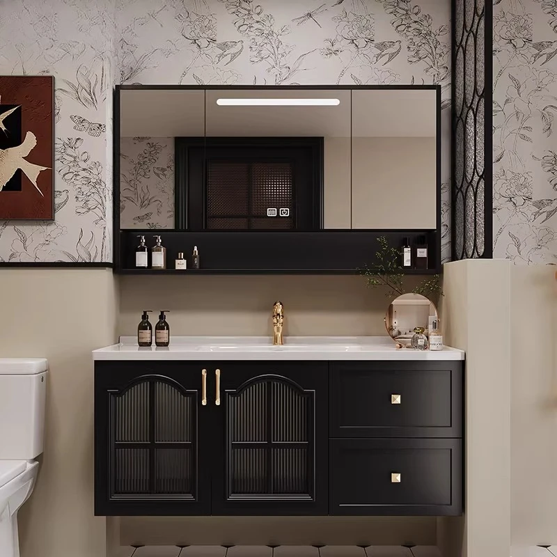 

Light luxury French oak paint bathroom cabinet ceramic integrated basin wash basin cabinet combination