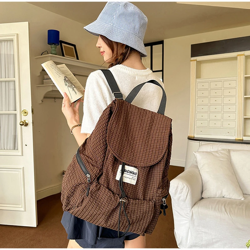Modischer Rucksack, koreanischer Karo-Rucksack mit Kordelzug für Studenten, Unisex-Schultasche, leichter Damenrucksack mit großer Kapazität – Detail 10