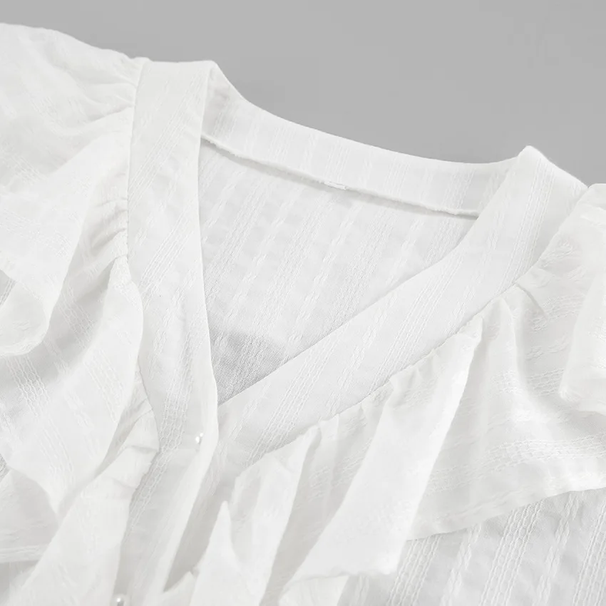 المرأة الخامس الرقبة تكدرت قميص 100% القطن الفرنسية أنيقة قمصان بيضاء ربيع الخريف موضة غير رسمية تخفيف مخطط بلوزة جاكار