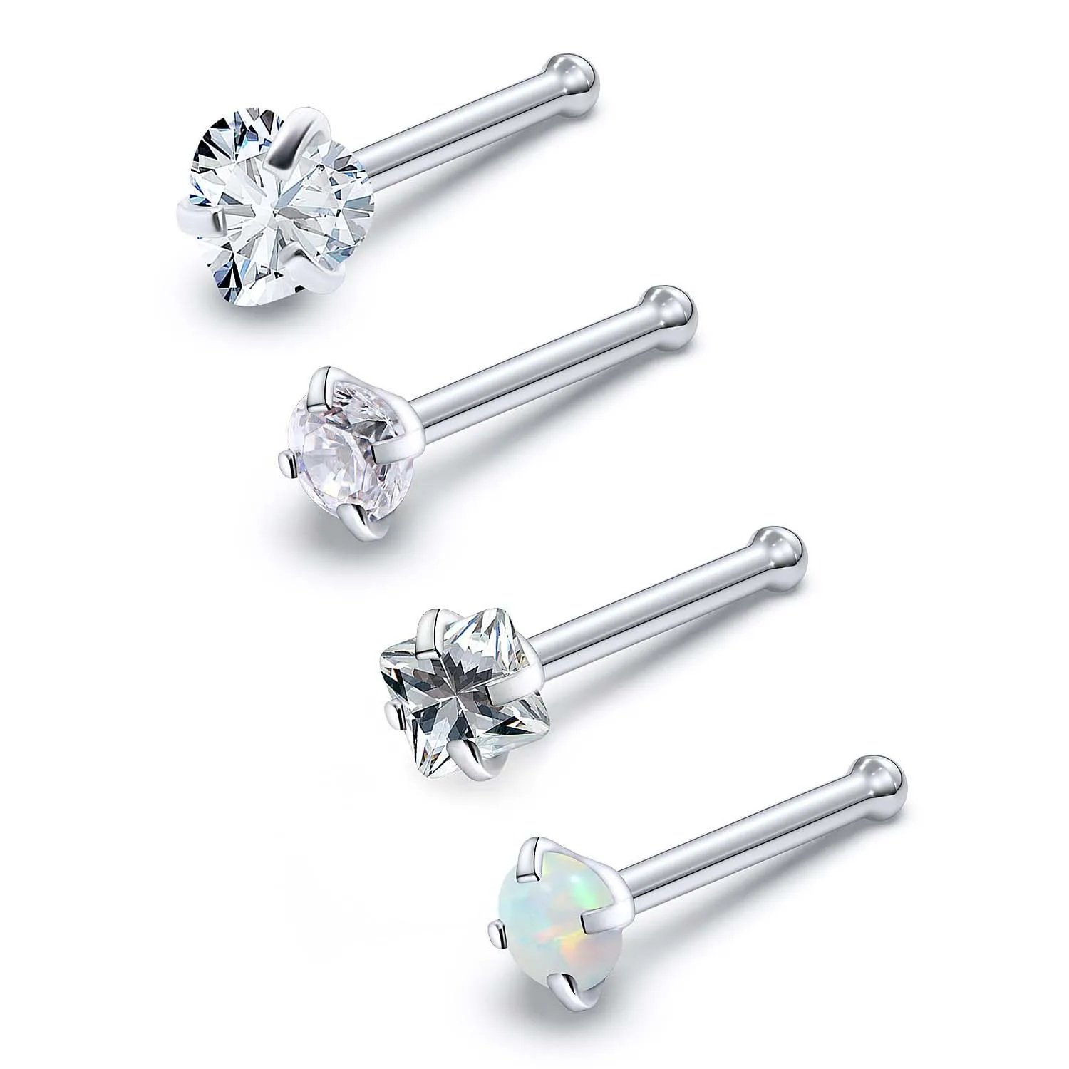 1pcs/4pcs Stainless Steel Nose Rings 20G Straight Rod Round Heart Shaped Corkscrew Nose Studs Opal Square CZ Piercing Jewelry