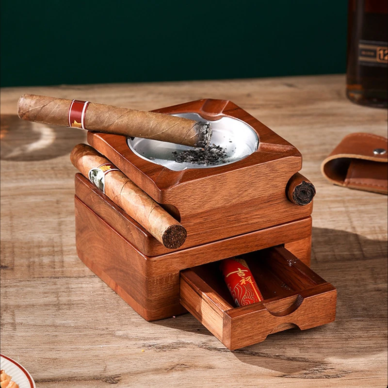 

2 In 1 Wooden Cigar Ashtray Whiskey Cup Holder With Drawer Smoking Tools Accessories Cigar Storage Holder Office Decoration