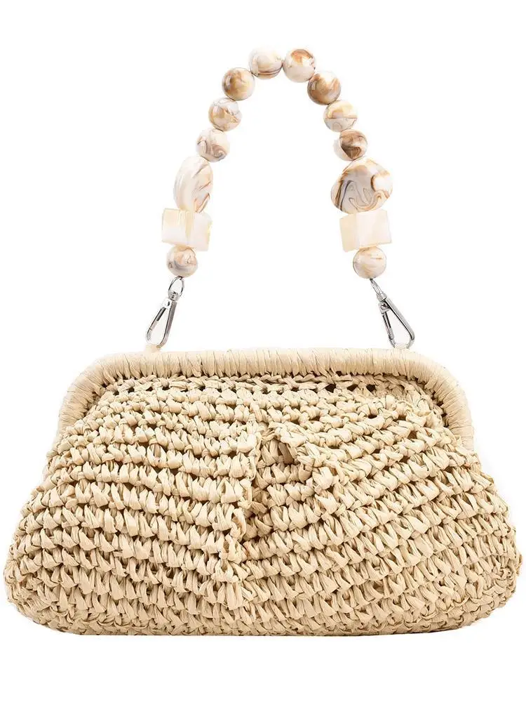 2023 Summer New Fashion Straw Woven Bag Stone Beaded Handbag Leisure Woven Hollow Out Women\'s Bag Beach Vacation Bag For Women