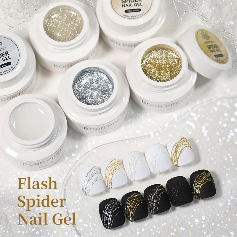 BORN PRETTY 5ml Clear Silver Gold Flash Spider Nail Gel Sparkly Glitter UV Gel Nail Drawing Painting Soak Off UV Gel Manicure