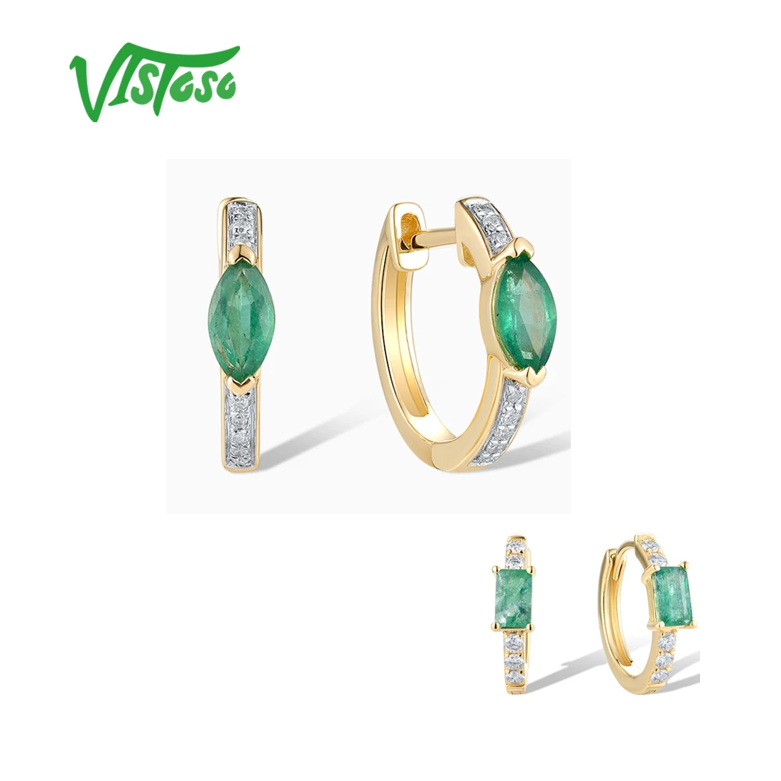 VISTOSO 14K 585 Yellow Gold Hoop Earrings For Lady Sparkling Diamond Emerald Glamorous Wedding Engagement Gifts Fine Jewelry