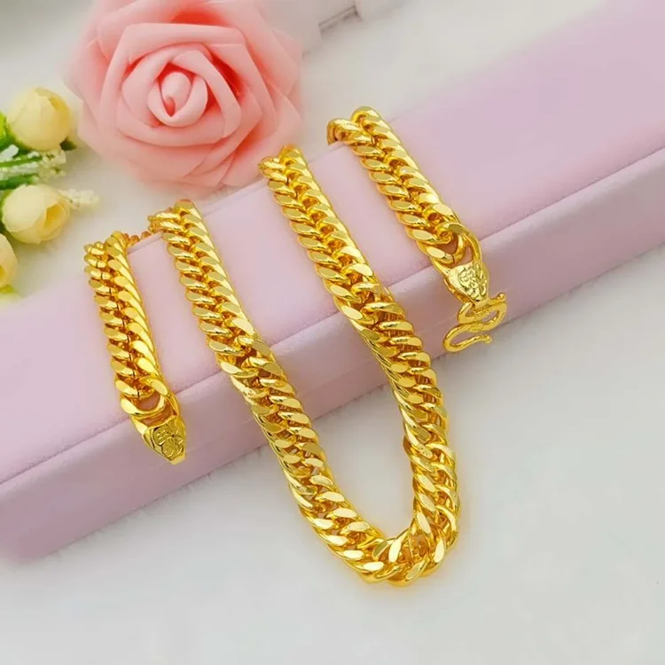 Long-Luster Anti-Oxidation Fu Head Cuban Link Necklace For Men 24K Gold AU999, prevent gold darkening after long wear