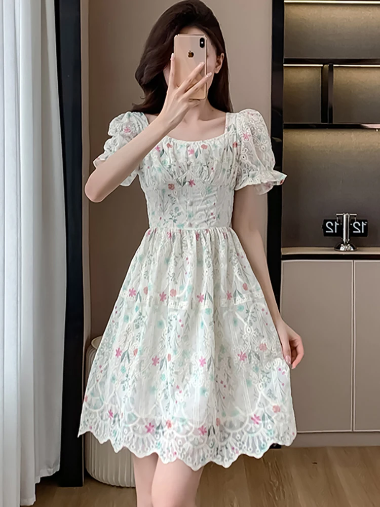 Zomer Jacquard Bloemen Mesh Casual Korte Jurk Vrouwen Bladerdeeg Mouw Vierkante Kraag Jurk 2025, Koreaanse Mode Elegante Bodycon Jurken