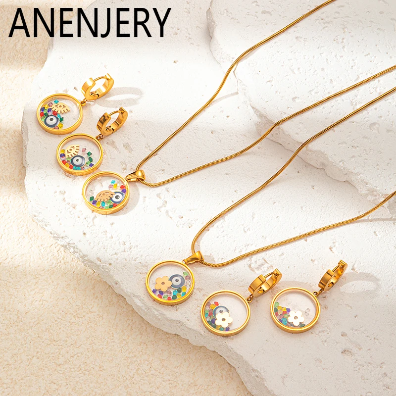 ANENJERY L316 Stainless Steel Colorful Stone Flower Round Pendant Necklace Earrings for Women Simple Unique Jewelry Set Gift