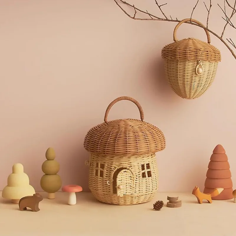 Cute Mushroom Storage Basket Handmade Rattan Bags Portable Picnic Baskets Doll House Woven Shelf Organizer Home Decoration Gift