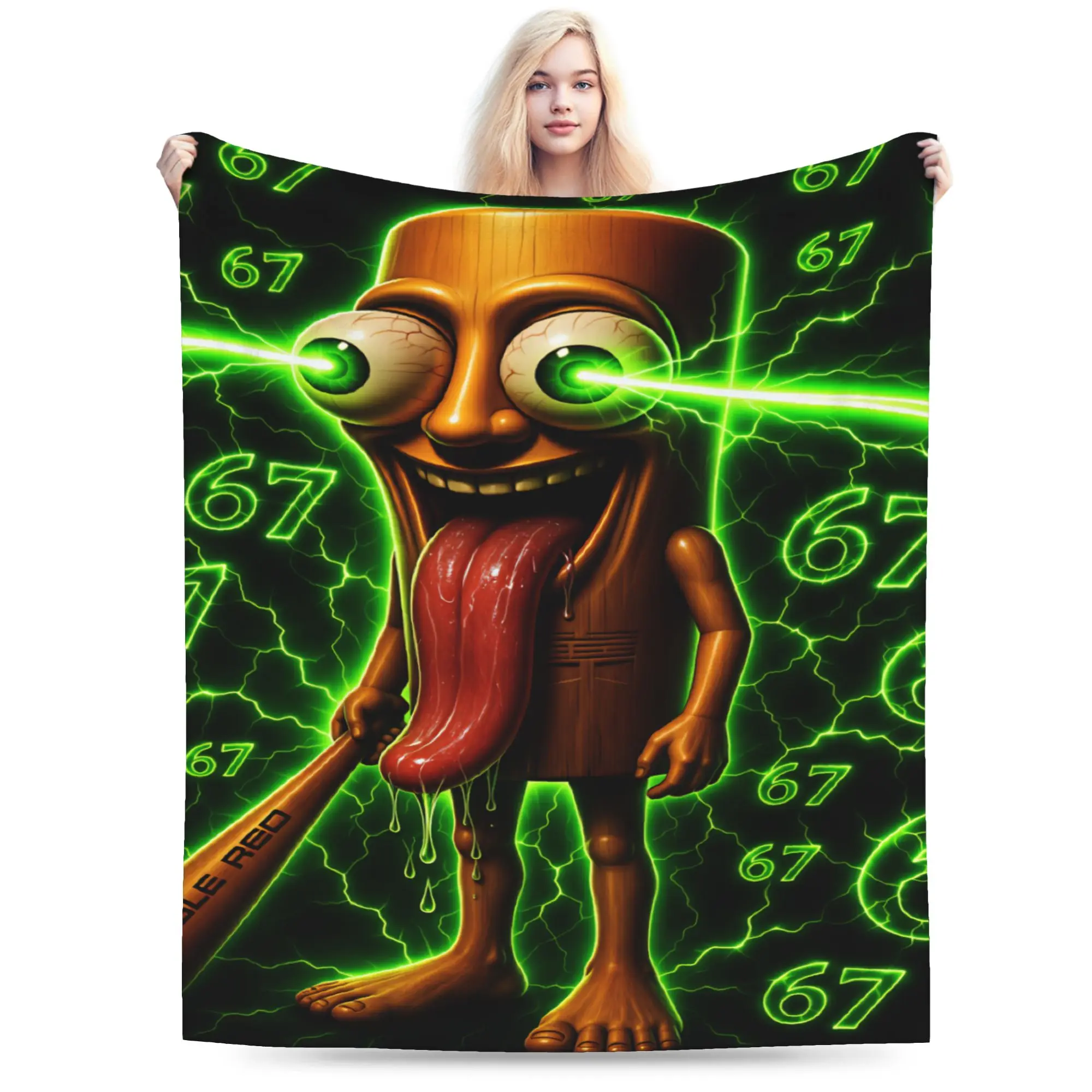 Warm Comfy Blanket Travel Office Tung Tung Sahur 67 Green Laser Eyes Crazy Meme Throw Blanket Graphic  Bedspread For Home Decor