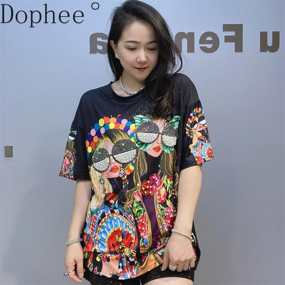 

American Street Printing Hot Drilling Women Pullover Top All-match Summer Short Sleeve Tees Fashion Diamonds Loose Female Tees