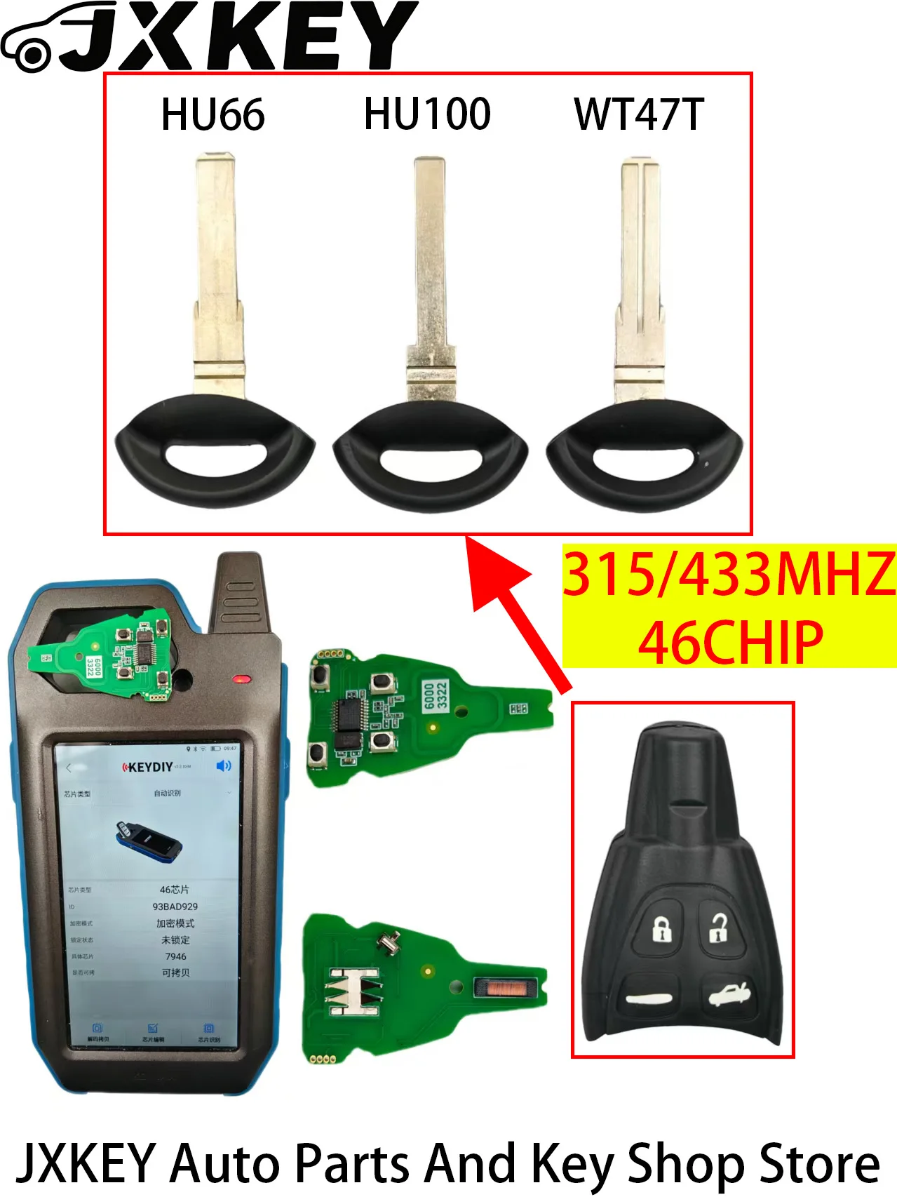 

JXKEY ID46 Chip 315/433MHZ LTQSAAM433TX For SAAB 93 95 9-3 9-5 WF Replacement Remote Key Smart Remote Car Key/PCB Board