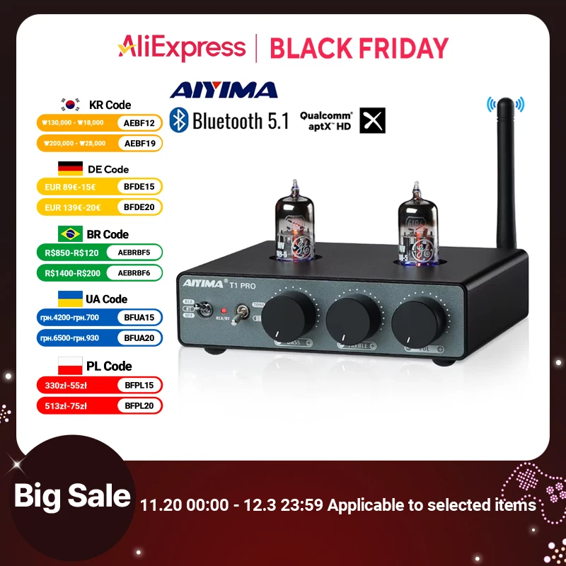 AIYIMA T1 PRO Vacuum Tube Preamplifier Amplifiers Home Audio RCA Bluetooth Input Bass Treble Control HiFi Stereo AUX 12V Trigger