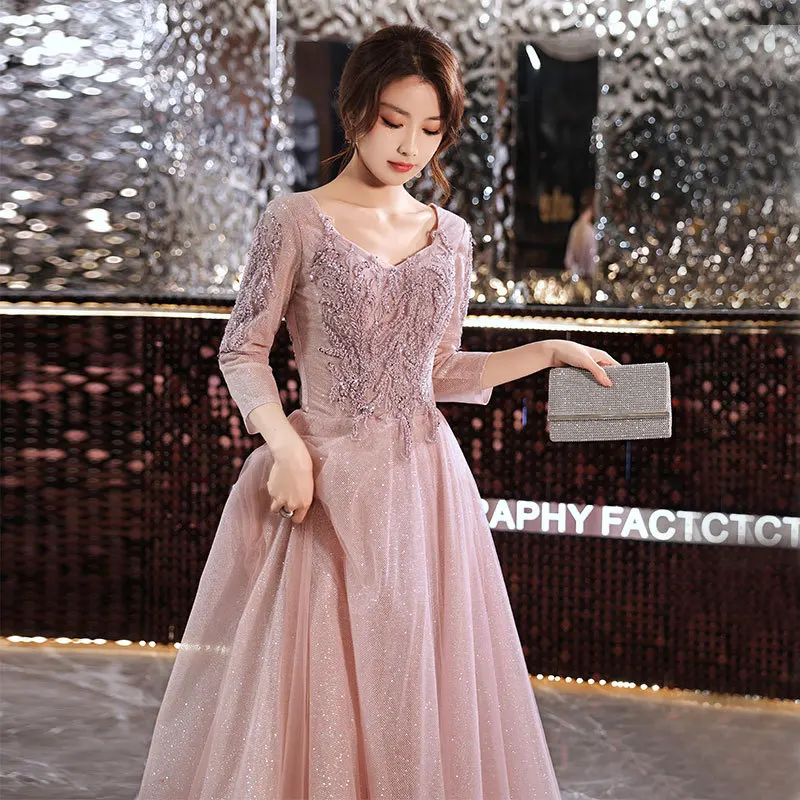 

Women's Evening Dress Elegant Appliques Beaded Long Sleeve Prom Dresses New Shiny Floor-Length Celebrity Gowns