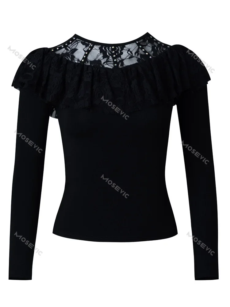 Costume de brevLatine à Col Rond pour Femme, T-shirt de Soirée, Jazz, Vêtements Solides pour Documents, Pôle Tango, Patchwork en Maille, Haut Ligne