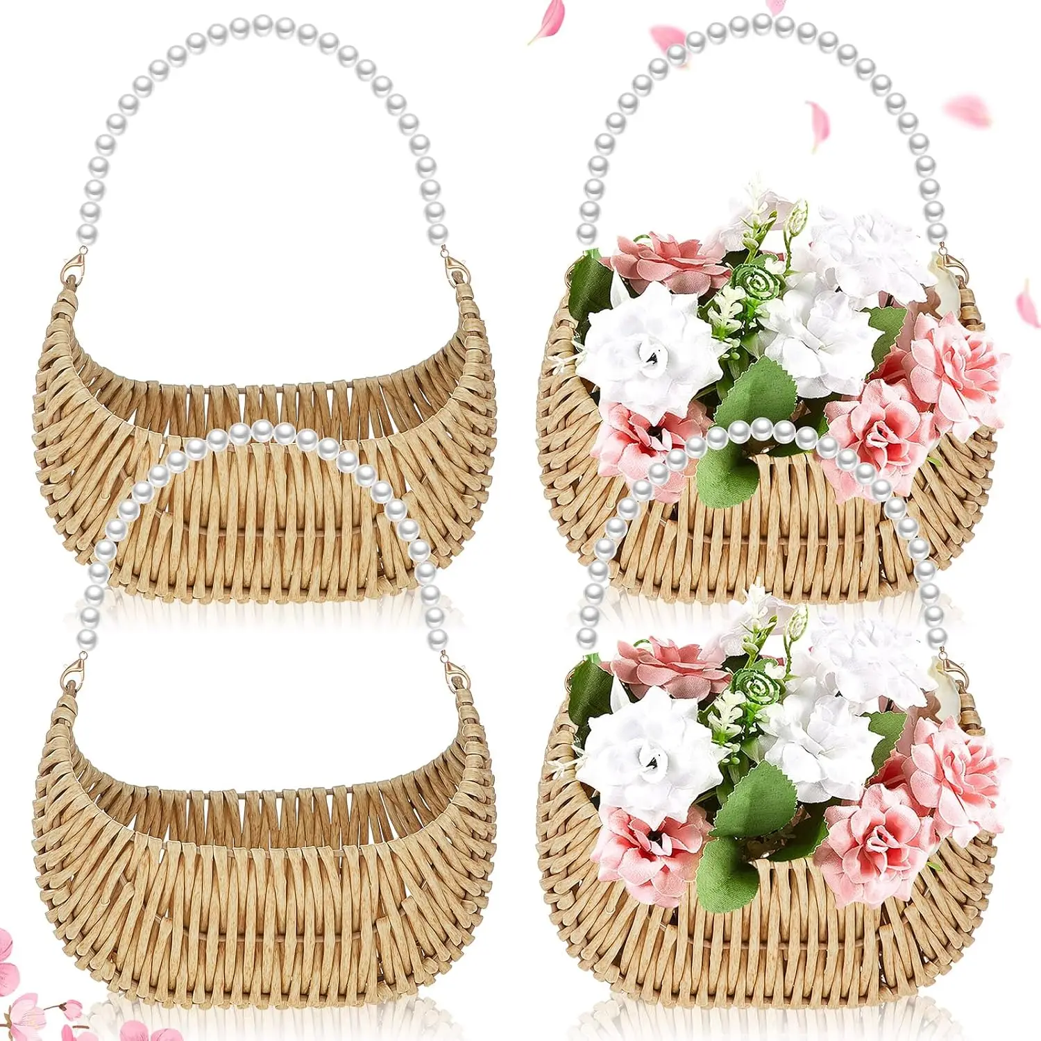 4 Pcs Rattan Flower Girl Basket with Pearl Handle 7 x 5 x 4 Inches Small Half Moon Wicker Basket for Wedding Flower Girl Picnic