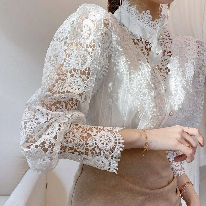 Vintage Solid White Lace Blouse Shirts Women New Korean Button Loose Shirt Tops Female Hollow Casual Ladies Blouses Blusas Tops