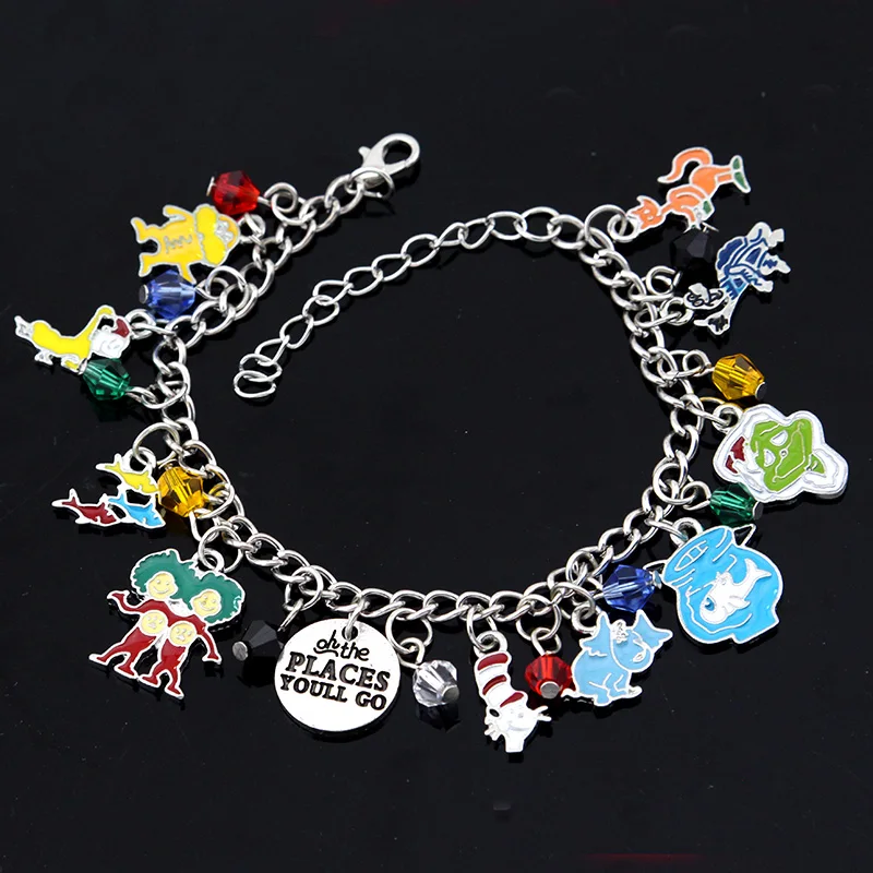 Dr Seuss Theme Charm Bracelet, Oh The Places You'll Go Enamel Multi‑Charms Chain Bracelet, Jewelry Gift for Book Lovers Women