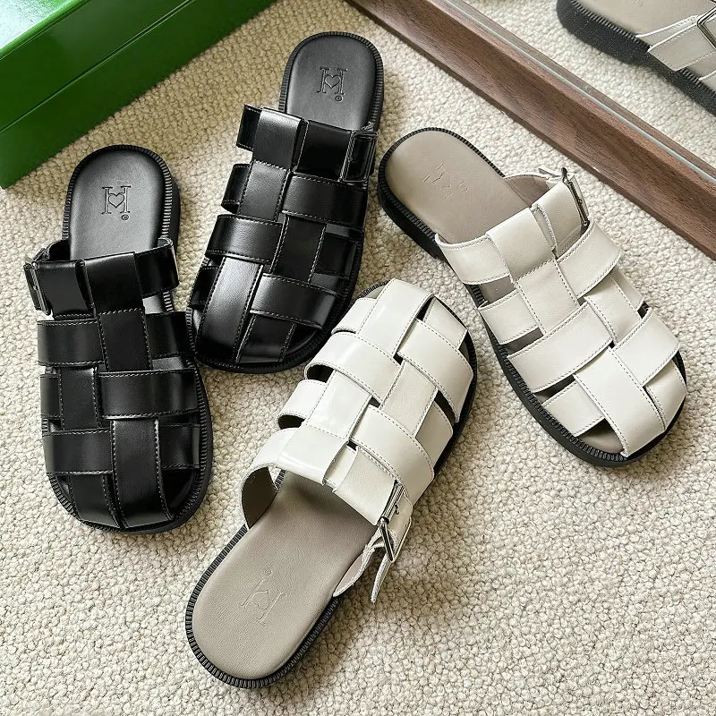 Cow Split Leather Closed Toe Strap Weaved Slippers Beach Shoes Summer Flat Slides Hallow Rome Luxury Flat Sandals Mules Women