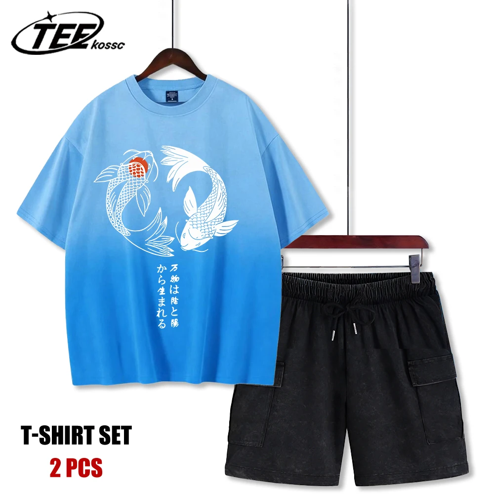 Zwei Koi-Fische Schwimmen im Wasser-Print Batik T-Shirt Herren Sommer Mode Oberteile Baumwolle Allround-Shorts Set Unisex Lockere T-Shirts