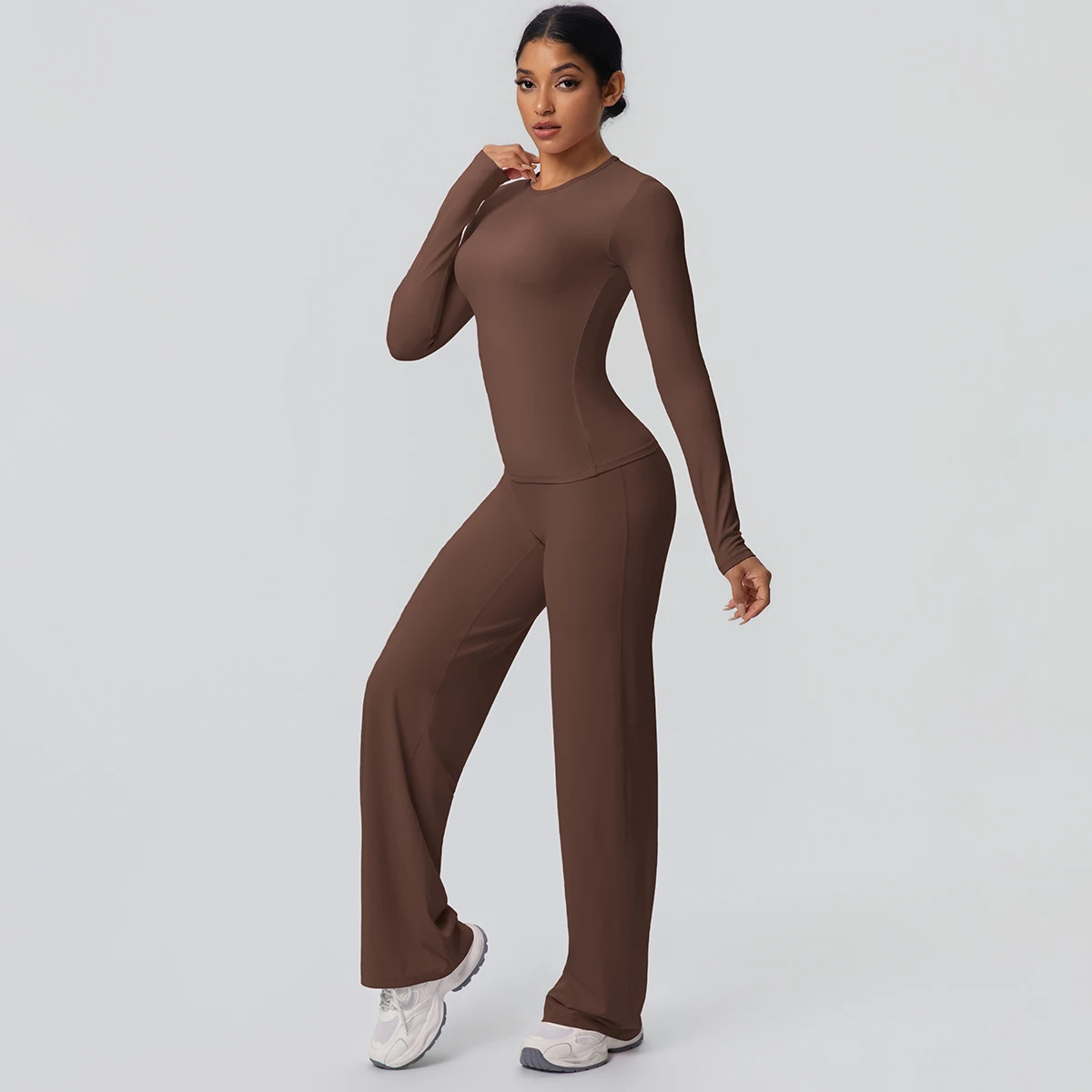 2 stück Frauen Gym Yoga Set Lauf Shirts Schlank Lange Ärmel Workout Top Schnell Trocknend Hohe Stretch Breite Bein Hosen dünne Yoga Set – Detail 9