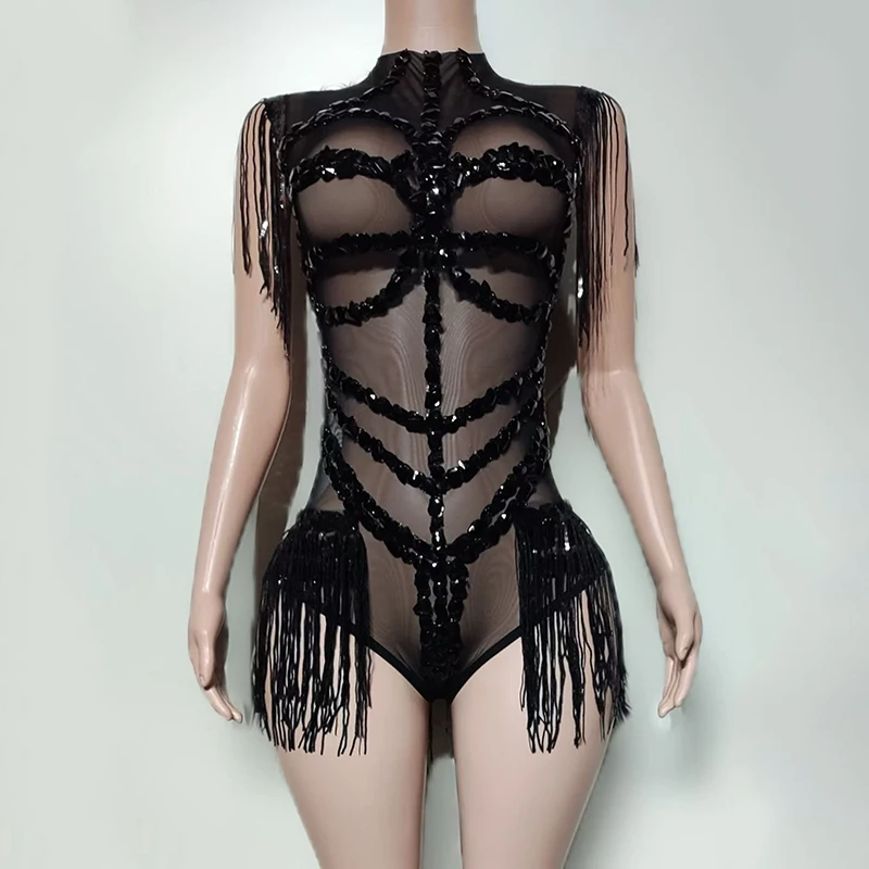 섹시한 프린지 바디 슈트 블랙 민소매 나이트 클럽 바 Dj 의류 가수 Showgirl 무대 복장 축제 파티 쇼 레이브 착용 4239