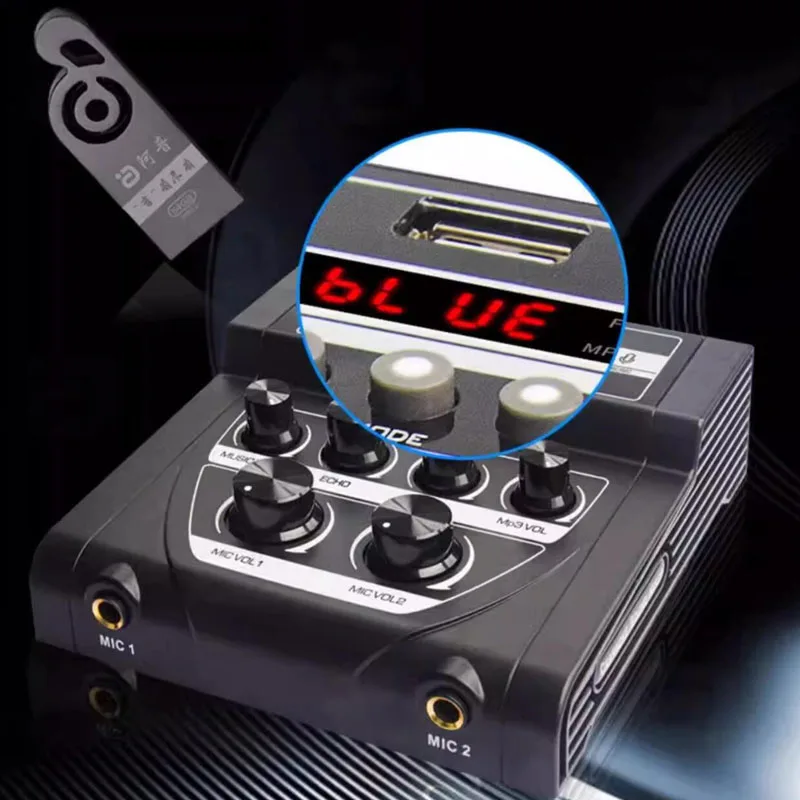 

Mini Karaoke Mixer with Dual Microphone, Independent Mix Adjustment, USB & Bluetooth Audio Receiver, Reverb & Recording
