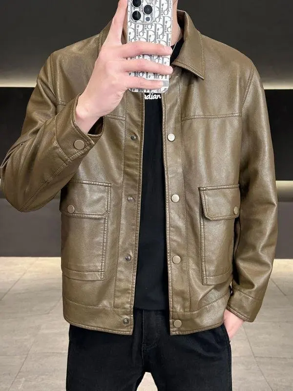 

Men's ort Fit Leather Jaet 2025 New Sle Motorcycle Trending Flip Collar Casual Tee Color Leather Coat Cleanfit Sle