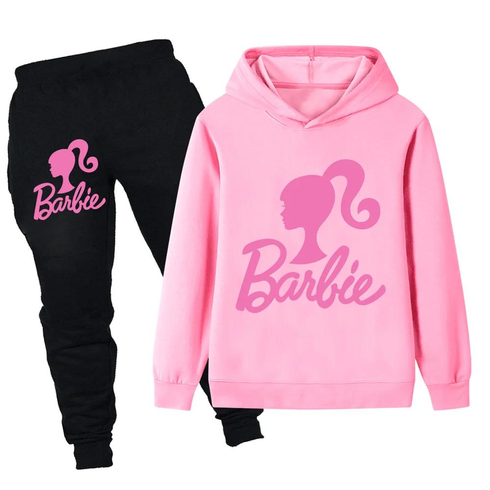 Conjunto de dos piezas de manga larga para niños, sudadera con estampado de Barbie de dibujos animados, moda para actividades al aire libre, otoño e invierno