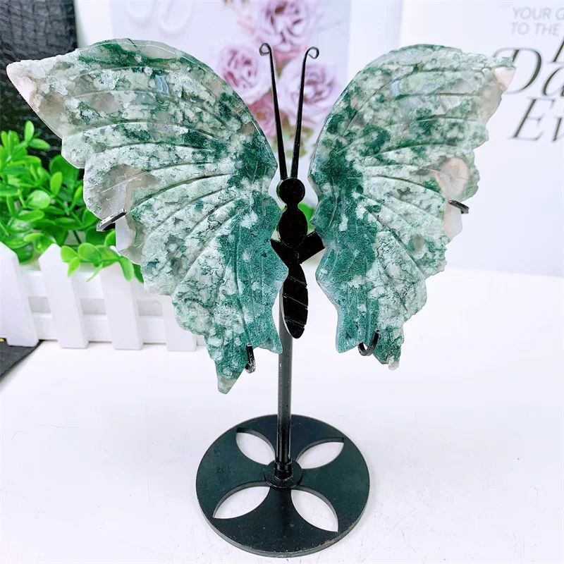 

Natural Moss Agate Butterfly Wings, Hand Carved with Stand, Energy Gemstone, Healing Stone, Home Decoration