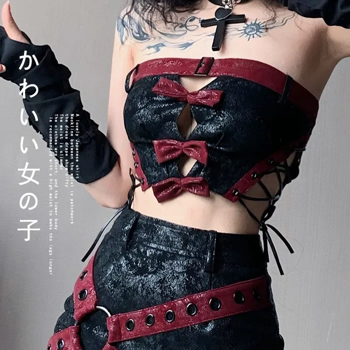 Summer Vintage Sexy Hot Girl Red Bandage Hollowed Out Bow Punk Gothic Fashion Backless Hot Girl Camisole