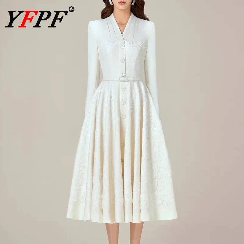 YFPF Elegant Lace Embroider Women's Dress V Neck Long Sleeve Belt High Waist A Line Folds Dresses Fashion Party New Clothing