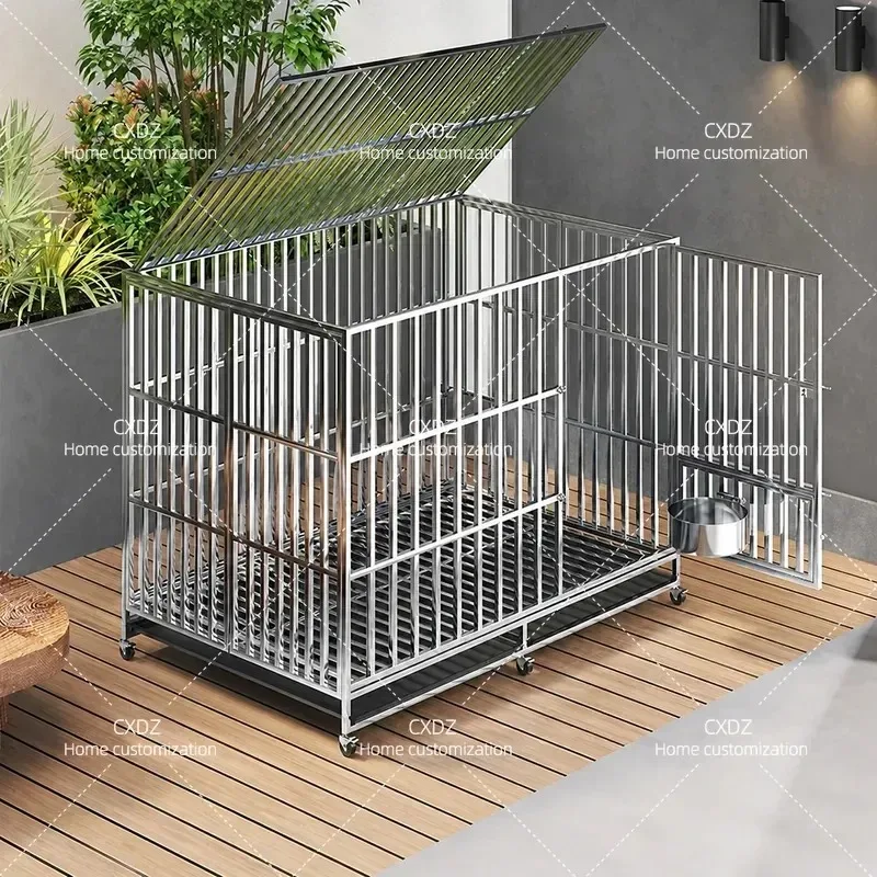 Stainless Steel Folding Dog Cage Medium Large Square Tube Indoor Pet Crate with Toilet for Golden Retriever