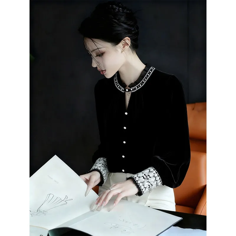 

Ele Bla Velvet irt Women's Faion Inner Wear Commute Sle Pear Body pe Winter Season Regular Sve Long irt