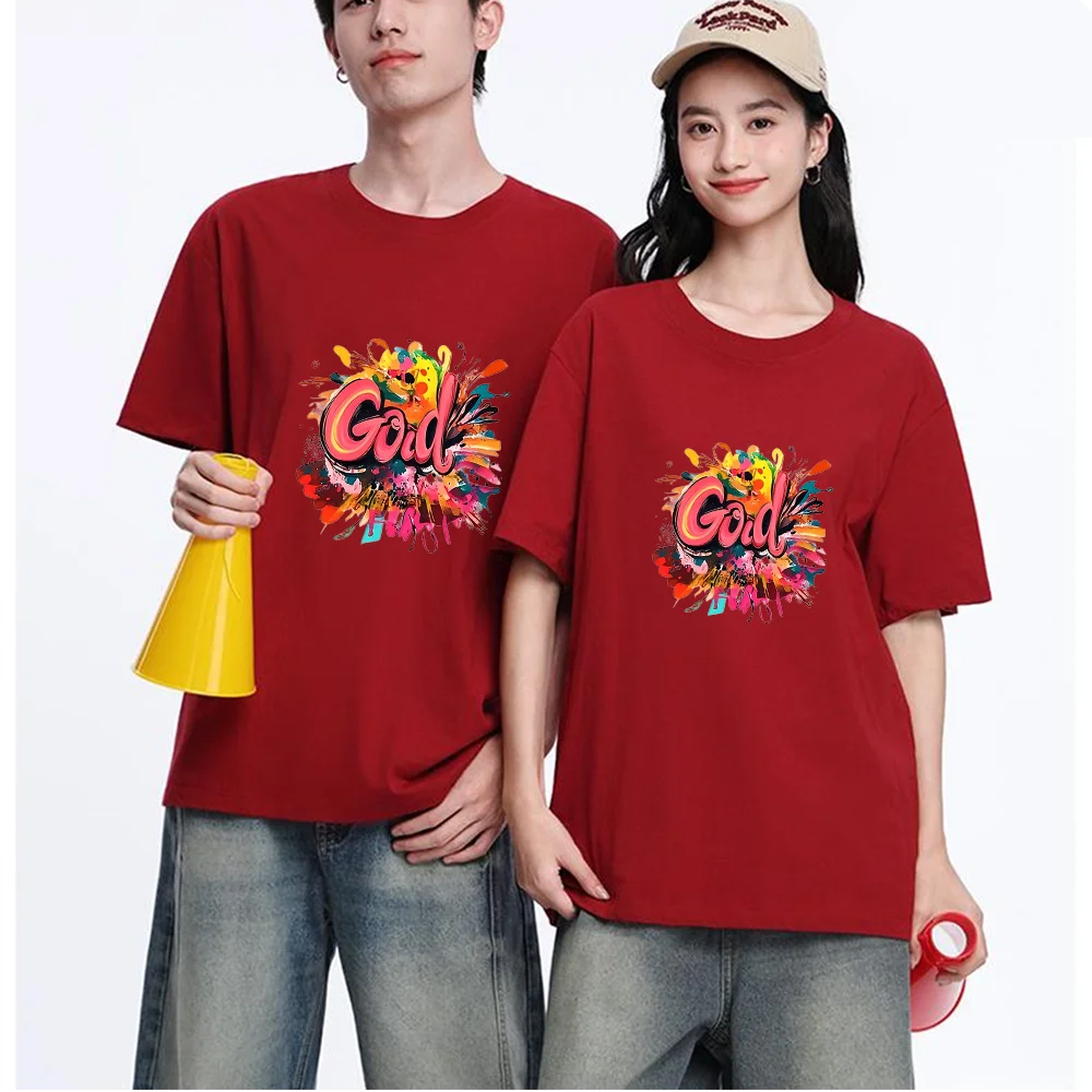 Colorful God Graffiti Printed T Shirt Breathable Fabric S-XXL Personalized Custom Aesthetic Graphic Top Unisex Fit Casual Short