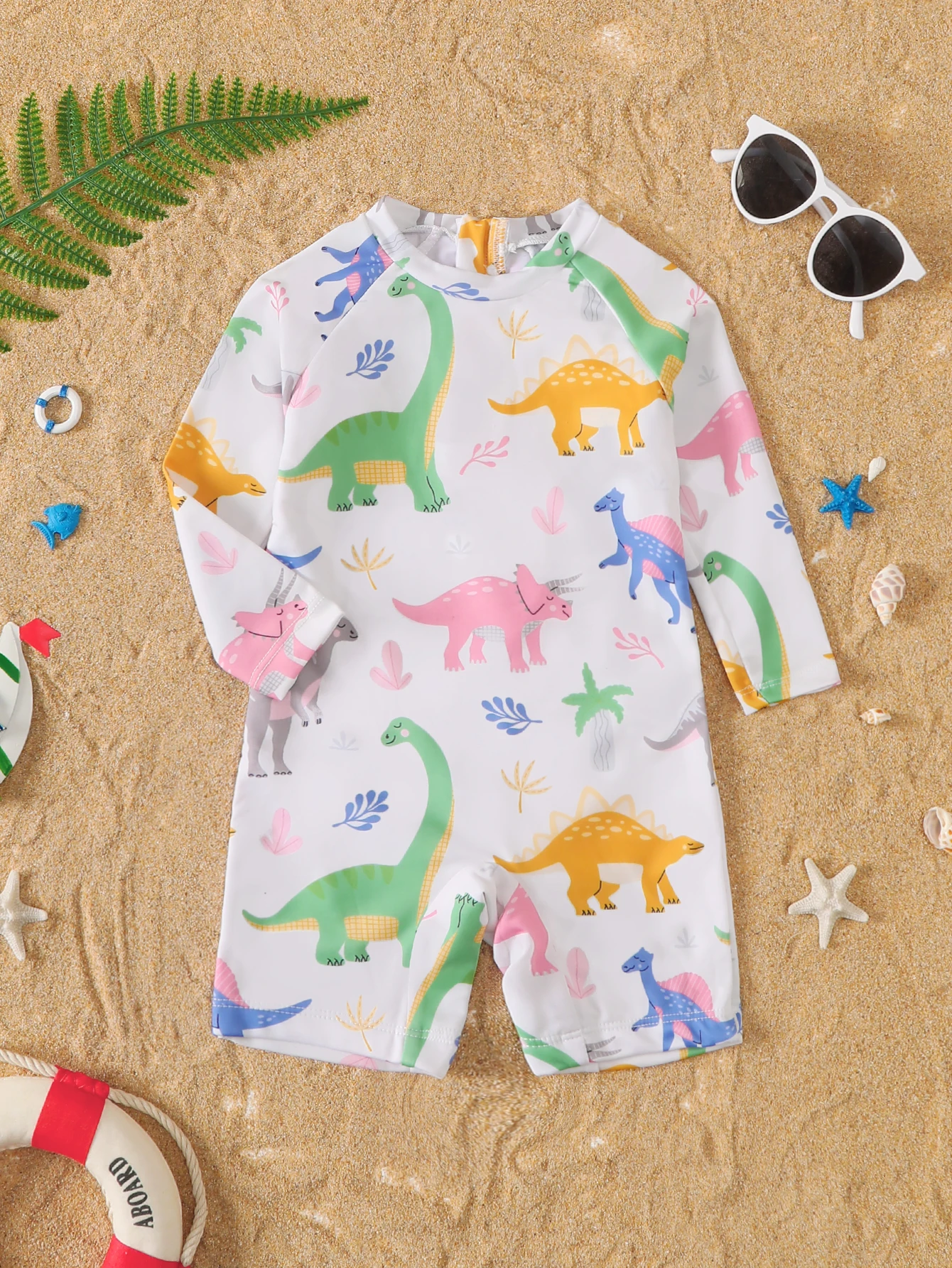 Baby Girl Dinosaur Pattern All-over Printed Long Sleeve Onesie Swimsuit Infant Swimwear Comfortable Fabric Toddler Pool Suit