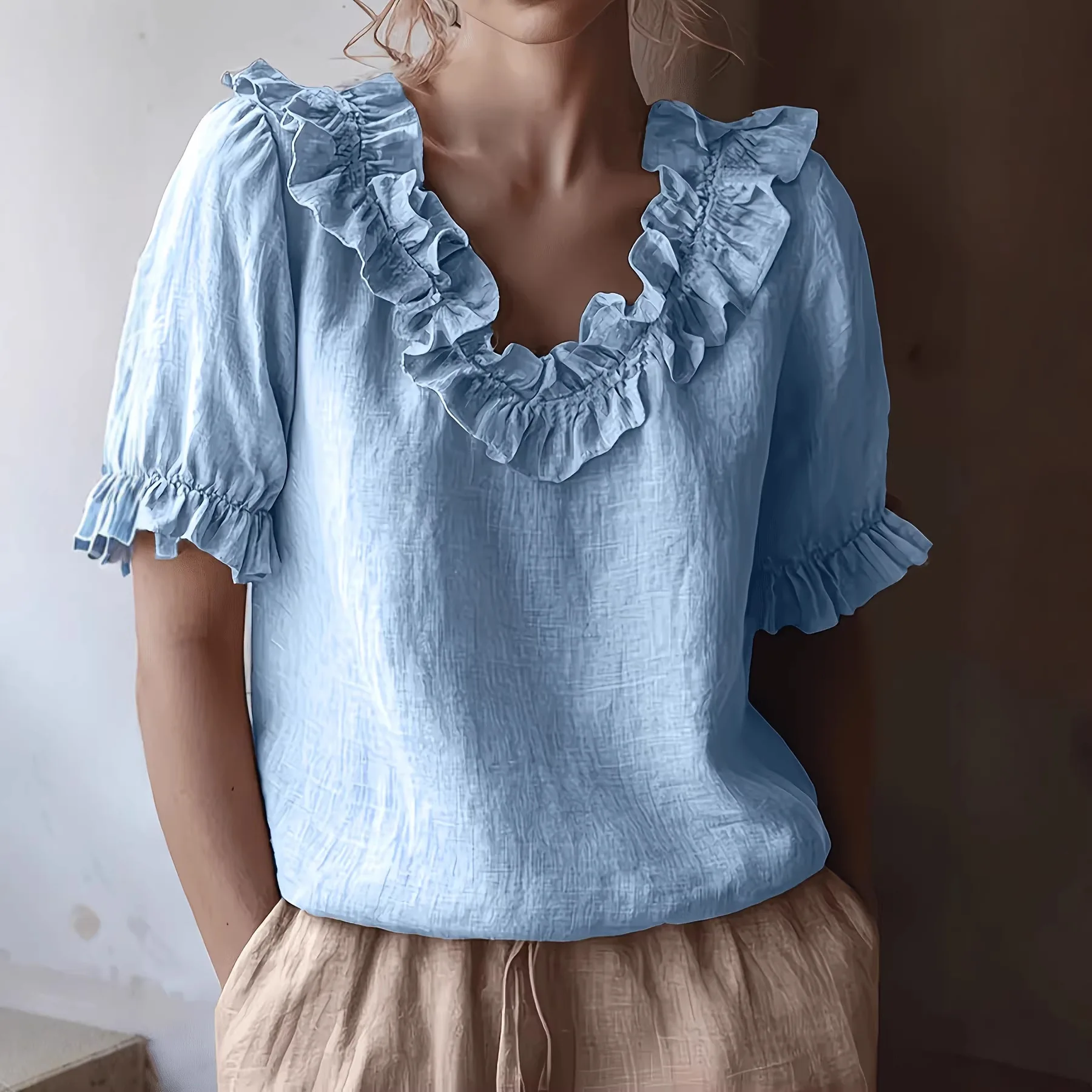 2026 Spring and Summer New Fashion Casual Ruffle Edge Crew Neck Shirt