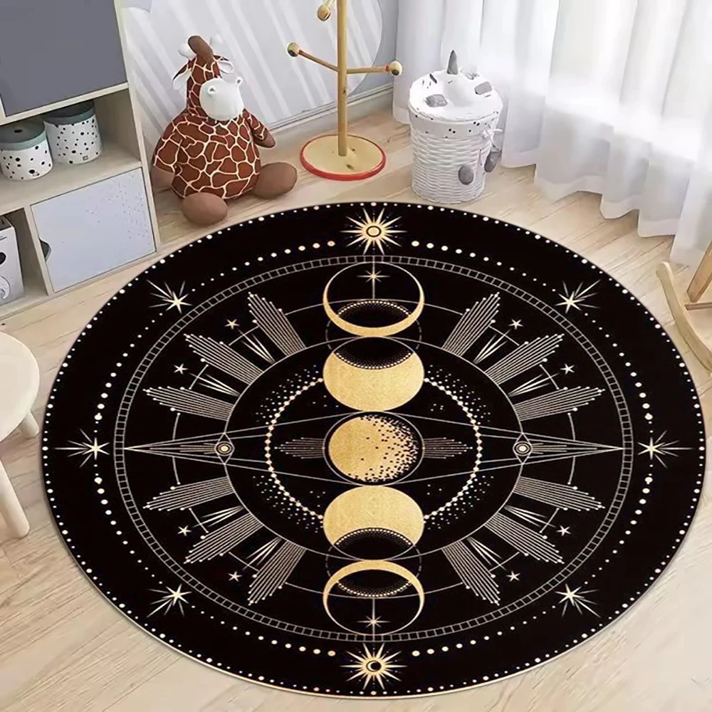 Black Gold Celestial Round Rug with Sun Moon Stars Zodiac Constellation Pattern Mystical Bohemian Style Carpet for Home Decor