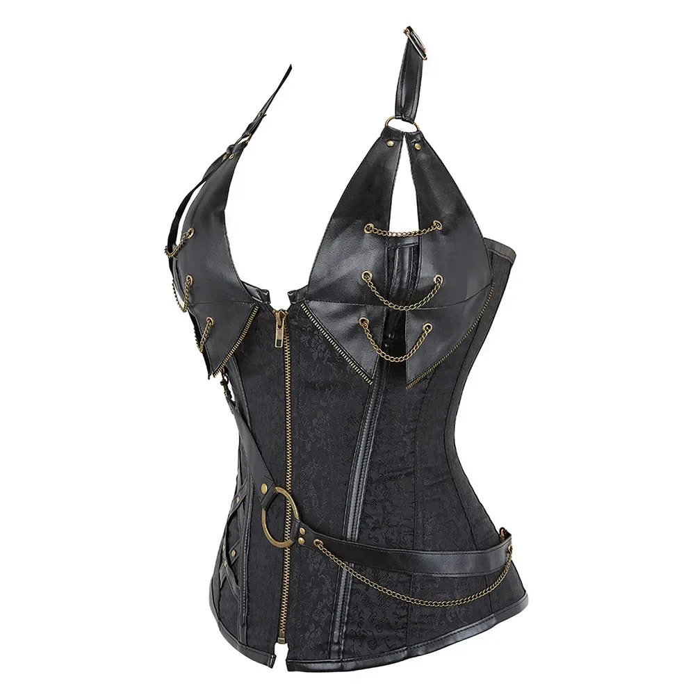 Steampunk Corsets Halter Plus Size Corset Pu Leather Bustiers Gothic Punk Corselet Zip Burlesque Basque Costume Sexy