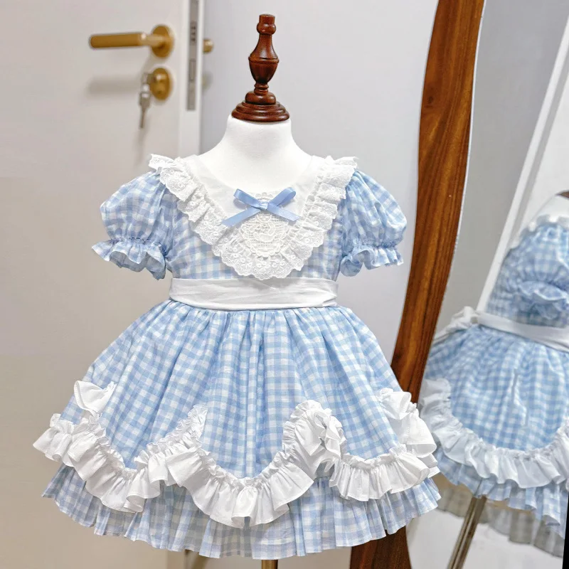 

Летнее платье с пышными рукавами для маленьких девочек, детские кружевные платья с рюшами в стиле принцессы, клетчатые праздничные платья для маленьких девочек