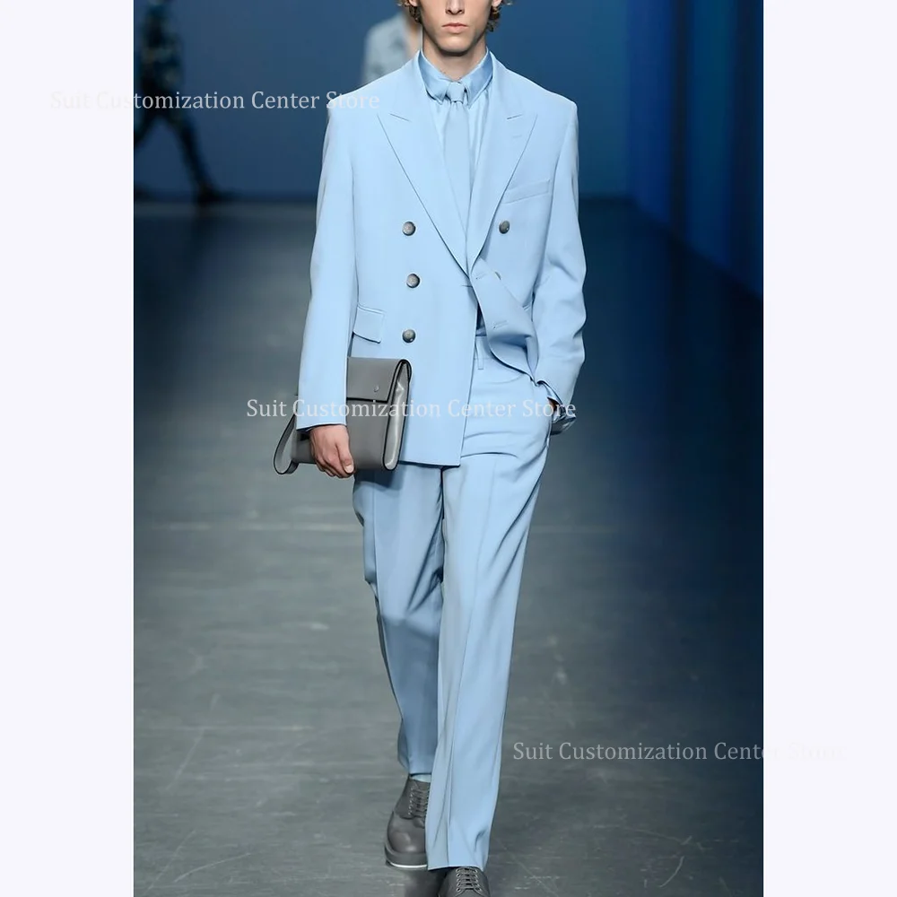 

High Street Style Sky Blue Suits For Men Classic Double Breasted Peak Lapel Daily Shopping Photo Casual 2 Piece Jacket Pants