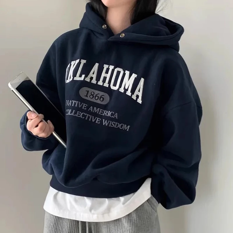 

Retro Embroidered Print Fce Lined Long Sve Hoodie Women's Chic Autumn Winter Versatile Small Size Hooded Sweatirt