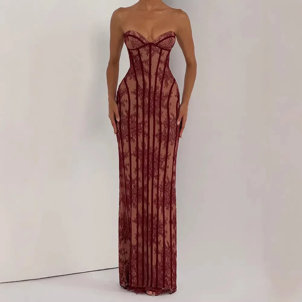 Strapless Bodycon Maxi Dress for Women 2026 Striped Backless Elegant Party Evening Gown Casual Summer Wear