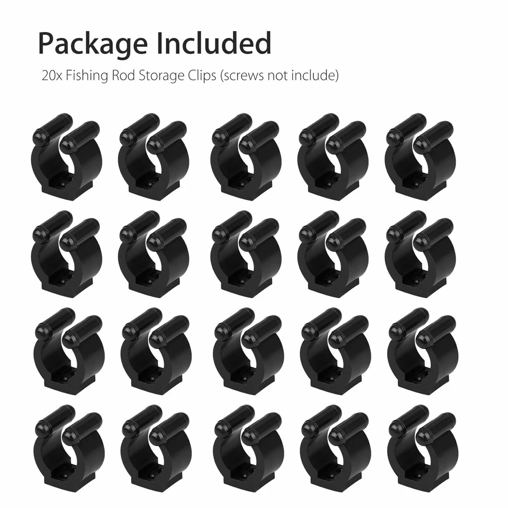Plastic Fishing Tool Wall Mounted 20-Pack Black Fishing Rod Holder Billiards Cue Clip Fishing Rod Storage Clips Rod Organizer