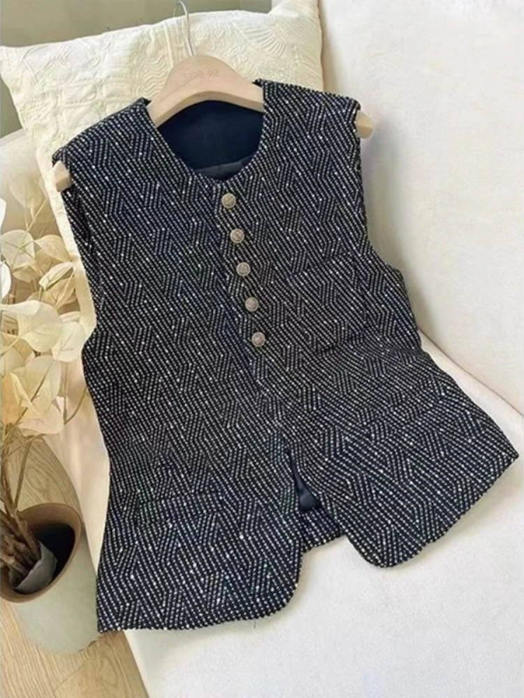 Black Women's Dress Small Fragrance Tops 2024 Autumn Korean Chic Sleeveless Vest Jacket Outside Women Waistcoat