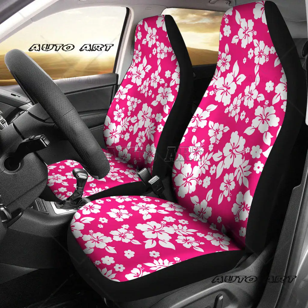 Black with White Hibiscus Hawaiian Flower Pattern Car Seat Covers Set Universal Bucket Seat Covers for Most Car and SUV Models