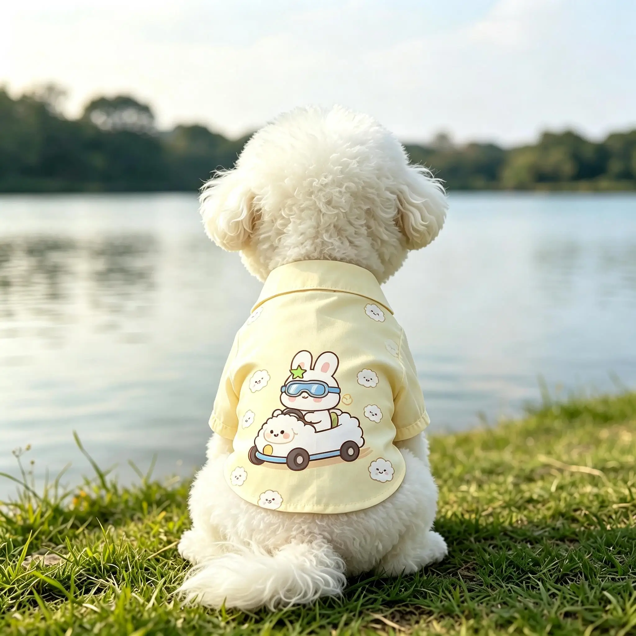 Pet Dog Shirt Light Blue Bear Driving Car Print Breathable Button Up for Small Medium Dogs Cute Cartoon Theme Daily Wear