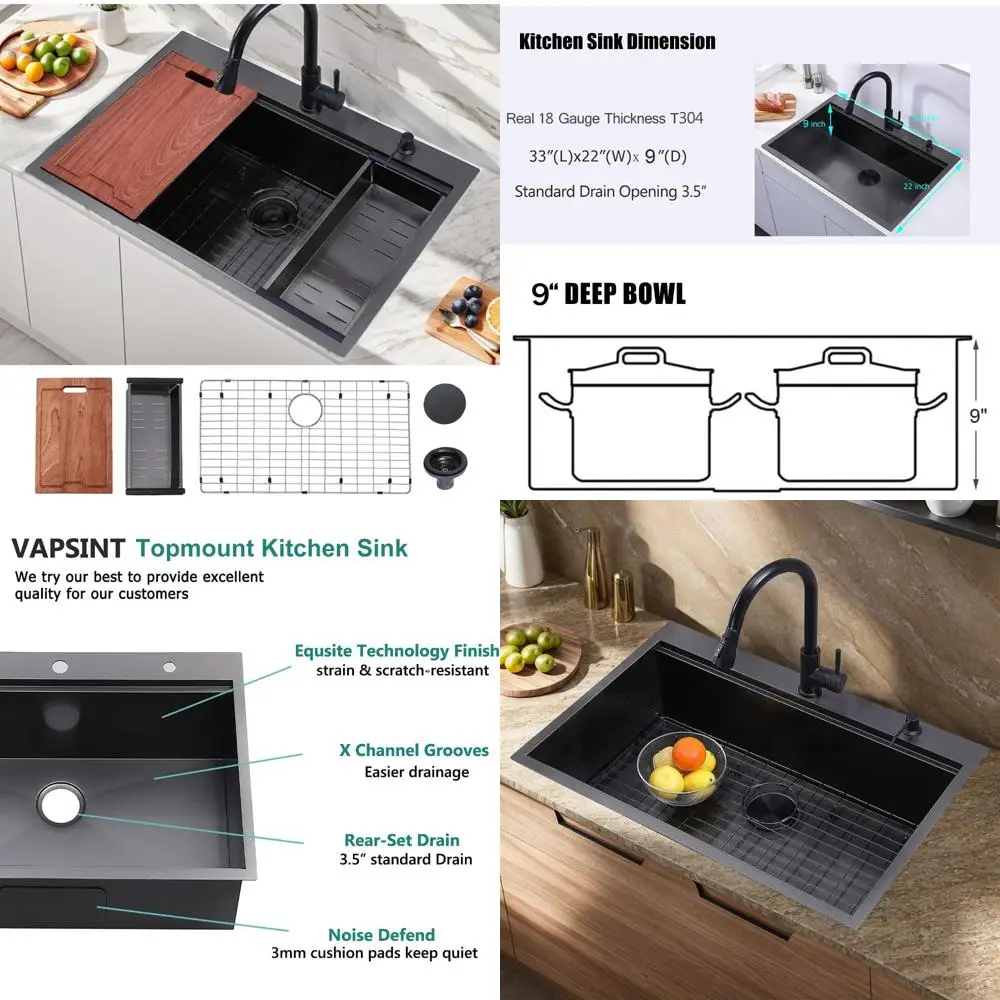 

Вставная черная кухонная раковина 33x22 дюйма — бронзовая черная раковина из нержавеющей стали с верхним креплением и одной чашей, раковина для рабочей станции ручной работы