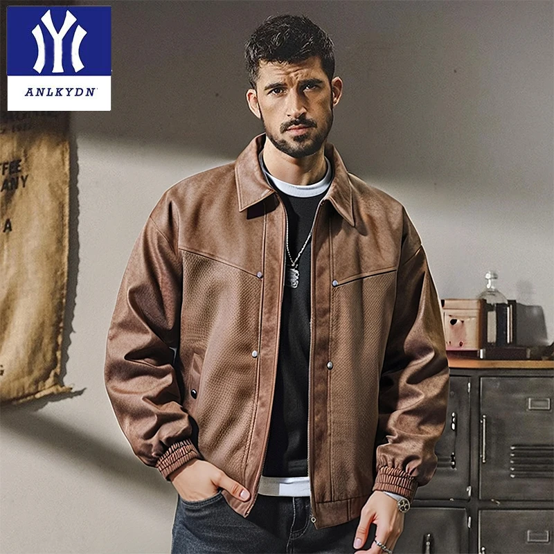 

American Retro PU Leather Jaet Men's Autumn Winter Color Outdoor Motorcycle Sle Large Size Men's Coat Faionable C...